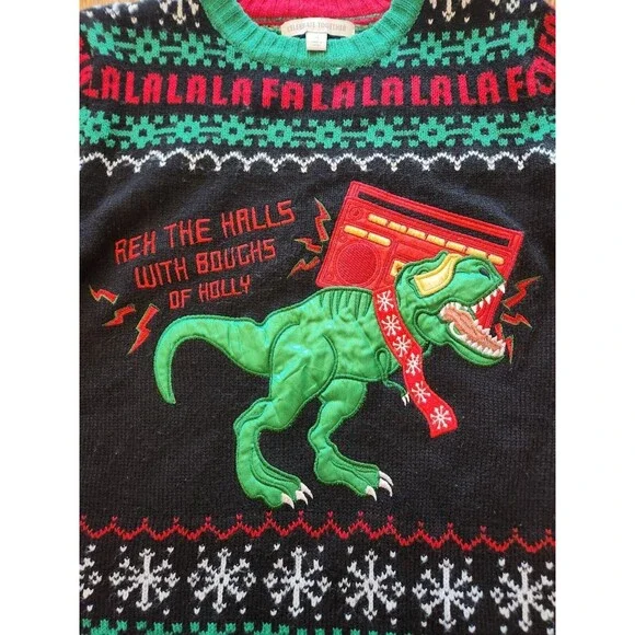 Ugly Christmas Sweater T-Rex Dinosaur With Boom Box Radio Kohl's Youth Medium M - Picture 3 of 11